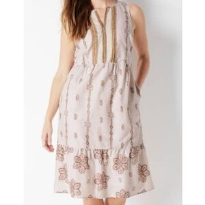 J Jill Cream Oatmeal Embroidered Sleeveless Midi Dress Boho Tie Die 90s Medium